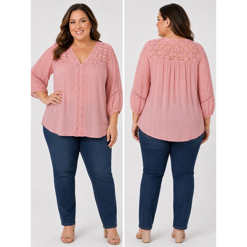 Pink Lace Blouse Sz 2X Crochet Boho Peasant Top Cottage Hippie Feminine Casual